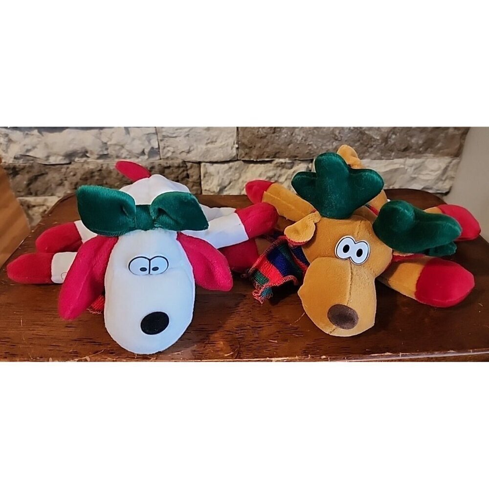 Main Joy Limited Dog & Raindear Stuffed Plush Animal Christmas Bean Bag Set Of 2